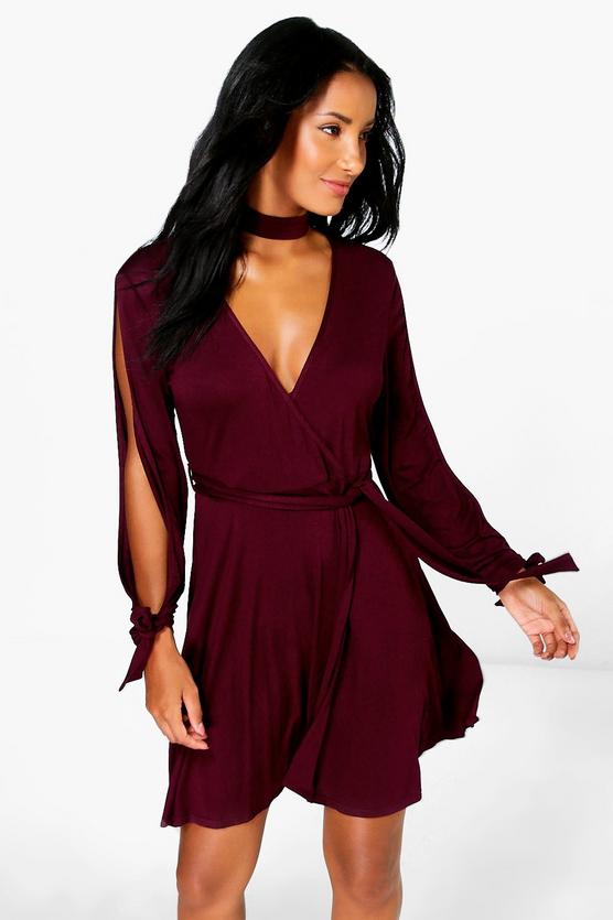 Kady Choker Wrap Dress with Split Sleeve